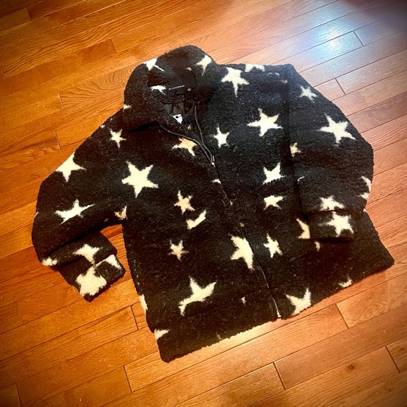 New NWT Vici teddy faux Sherpa black and white stars zippered jacket w/collar S - Picture 12 of 13
